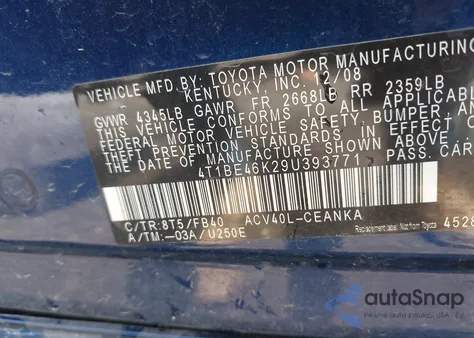 2009 Toyota Camry Le z USA, uszkodzony, nr VIN 4T1BE46K29U393771